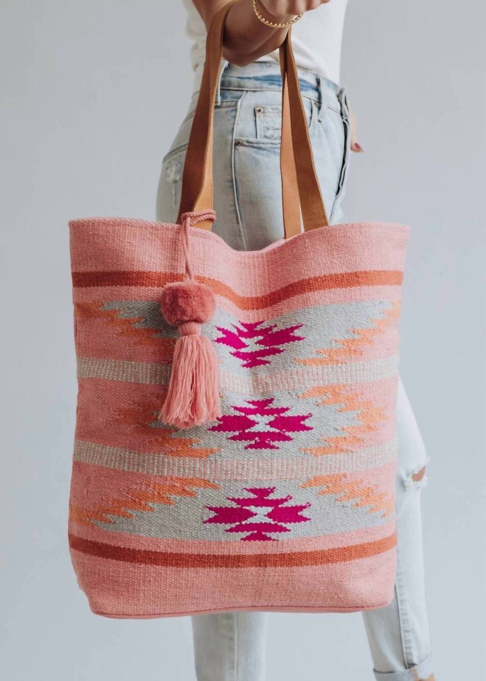 NEW PANACHE APPAREL women's boho tassel tote in orange,  pink & slate